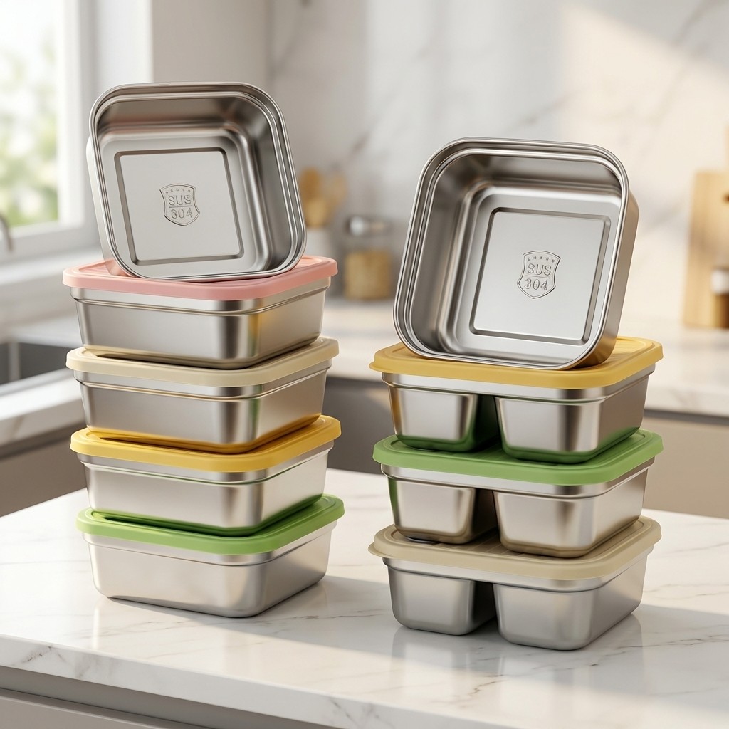 Meal Prep Freezer - ภาชนะเก็บผักผลไม้แบบวางซ้อนกันได้ ความจุขนาดใหญ่ 304 สแตนเลสสตีล ตู้เย็น กล่องเก็บความสดแบบปิดผนึก