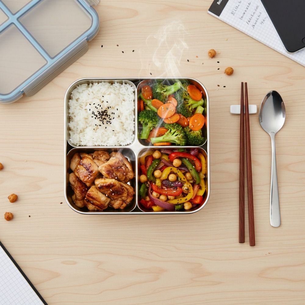 Meal Prep Lunch - กล่องอาหารกลางวันทรงสี่เหลี่ยม 4 ช่อง ทำความสะอาดง่าย ป้องกันการรั่วซึม กล่องขนมแบบปิดสนิท