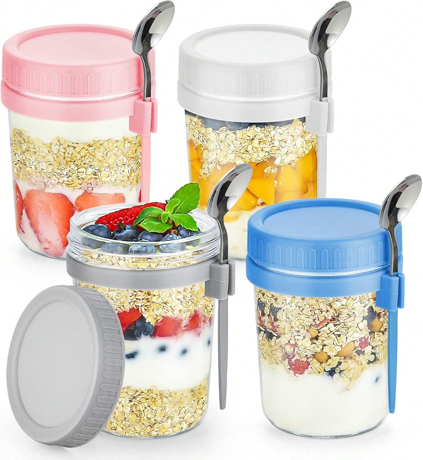 Meal Prep Kit - ชุดภาชนะแก้วสำหรับโอเวอร์ไนท์โอ๊ต 4 ชิ้น พร้อมฝาปิดและช้อน ขนาด 16