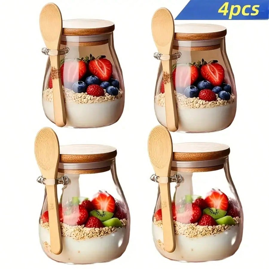 Meal Prep Yogurt Parfait - ชุด 4 ชิ้น ภาชนะใส่โอเวอร์ไนท์โอ๊ต ขวดแก้วใสทันสมัย ขนาด