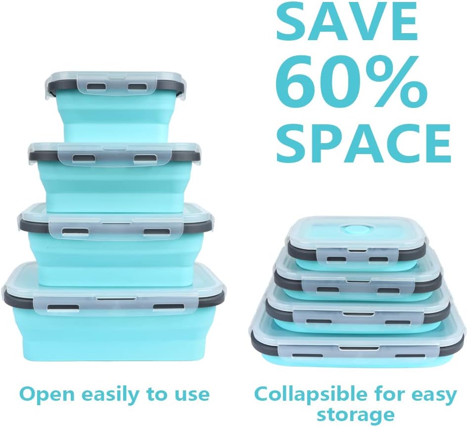 Meal Prep Kit - 4PS ภาชนะเก็บอาหารแบบพับได้พร้อมฝาปิด & Vent,, ห้องครัวซ้อนซิลิโคนภาชนะเตรียมอาหารแบบพับได้ชุดสําหรับ