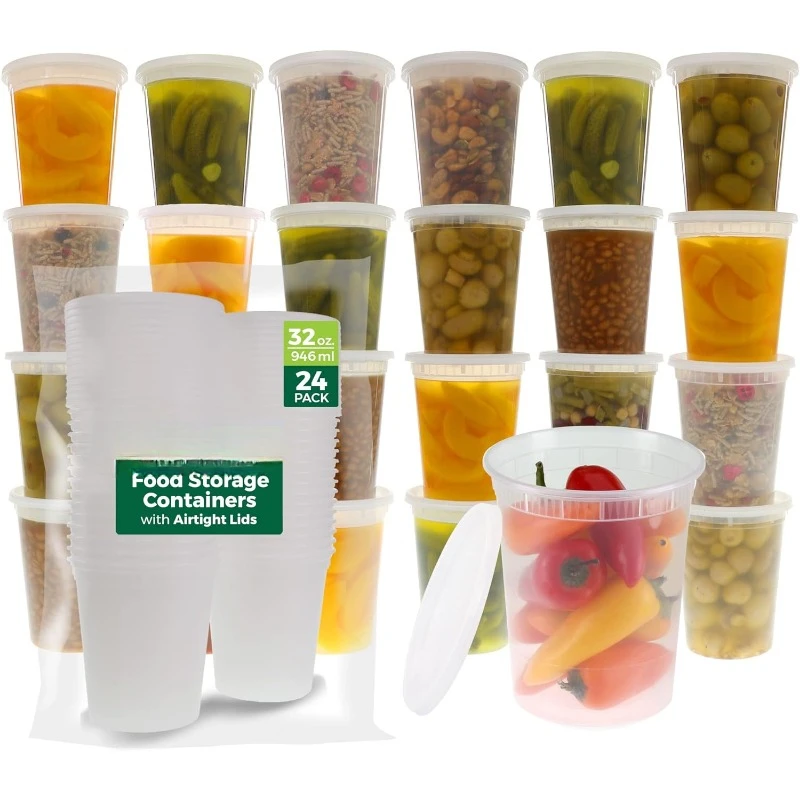 Meal Prep Freezer - พร้อมฝาพลาสติกอาหารสำเร็จรูป, น้ำเมือก, ซุป, ภาชนะบรรจุอาหาร8ออนซ์-32ออนซ์ปลอดภัยสำหรับไมโครเวฟ/เครื่องล้างจาน/ตู้แช่แข็ง24ชุด